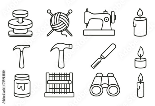 Artisan tools: crafting icons featuring sewing, knitting, and carpentry on brown background