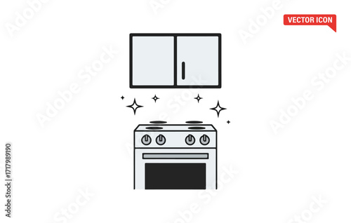 Kitchen appliance icon set featuring stove and cabinets cleaned sparkling