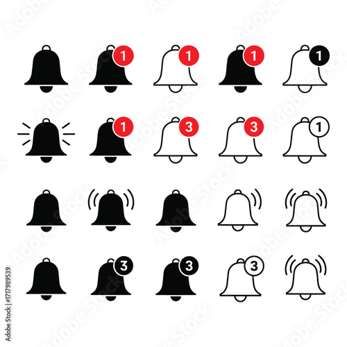 Bell notification icons collection various states alert badges for apps and websites silhouette