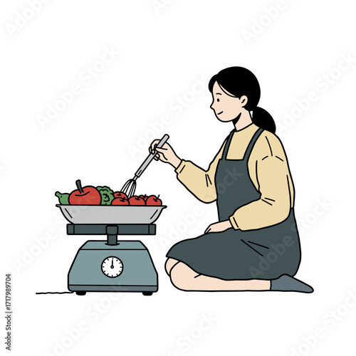 Weighing food options  - Young woman weighing vegetables with scales while kneeling indoors  
