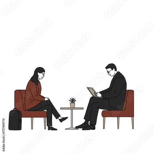Waiting in lobby -  Two professionals sitting in a meeting with a plant on the table  