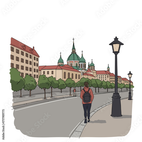 Man walking on city street by buildings and lamp post  