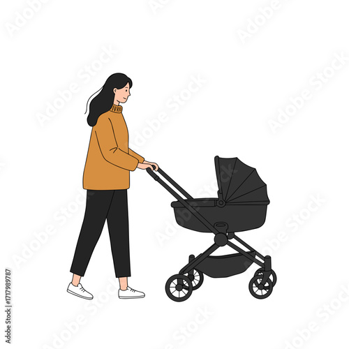 Woman walking with stroller in casual outfit and sneakers  