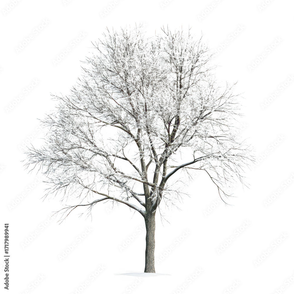 Obraz premium A solitary snow-covered tree stands tall against a white backdrop. the beauty of winter. with delicate branches adorned in frost. symbolizing tranquility and the essence of nature