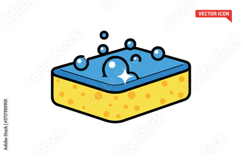 A bright blue and yellow sponge with clean water and soap bubbles showing a sparkle