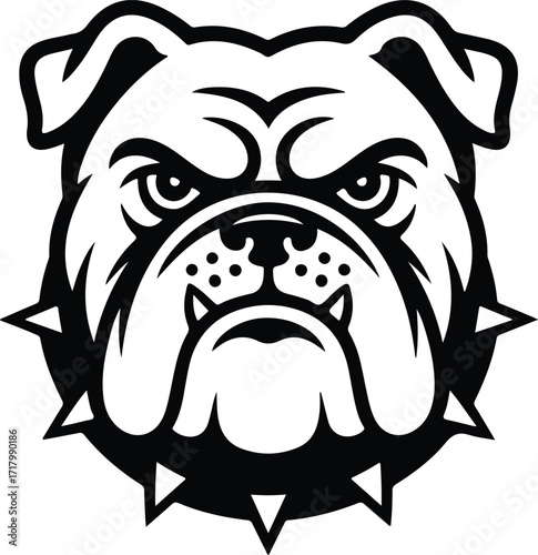 Fierce bulldog mascot head illustration, aggressive dog logo emblem and retro cartoon badge design