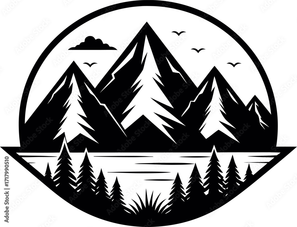 Obraz premium Silhouette of rugged mountains with pine trees landscape vector icon for logo design