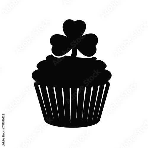 Silhouette of cupcake with clover icon-Black silhouette illustration of a cupcake topped with a three-leaf clover decoration, isolated on white background. Simple icon symbolizing desserts, baking, or