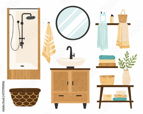 Modern bathroom interior with shower vanity sink and shelves
