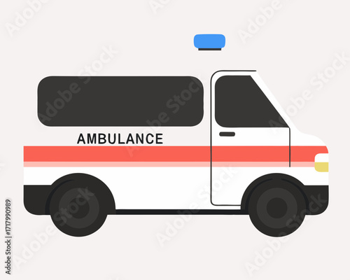 Flat design illustration of a white ambulance with red stripes and blue light