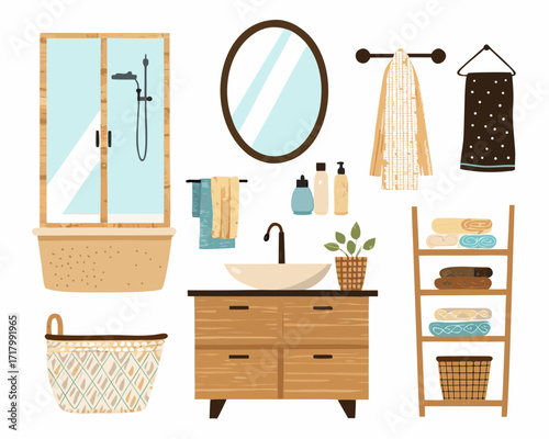 Cozy bathroom elements with natural wood tones and soft colors