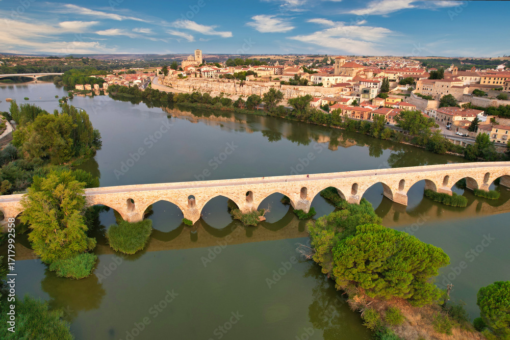 Obraz premium Aerial view of Zamora city with Puente de Piedra stone bridge in the foreground, Zamora province, Spain