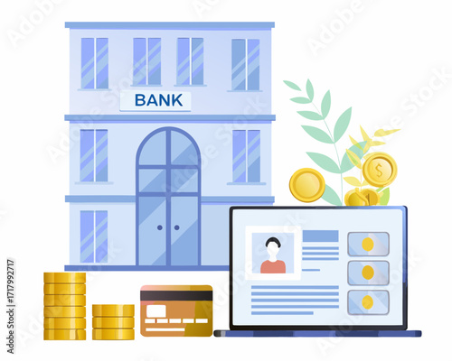 Digital banking and financial services illustration with bank building and laptop