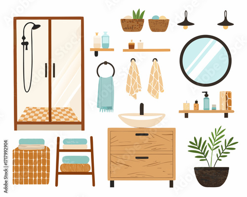 Modern bathroom elements collection with shower sink mirror and plants