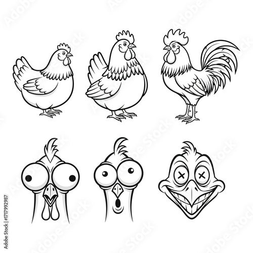 Whimsical hand-drawn cartoon chickens and roosters featuring comical expressions and stylized features silhouette