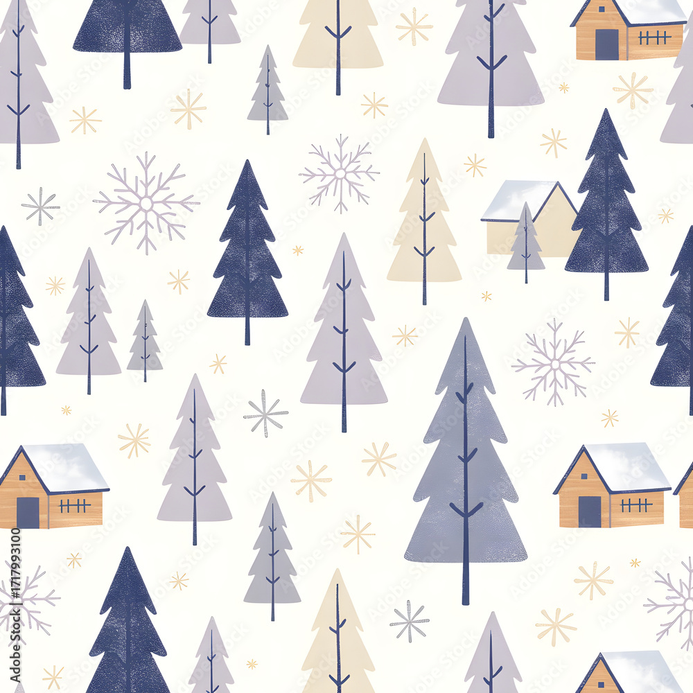 Obraz premium Winter wonderland seamless pattern with trees, snowflakes, and cabins.