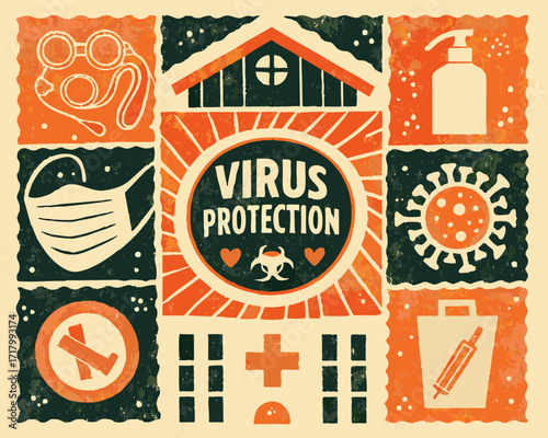 Virus protection measures and symbols collage
