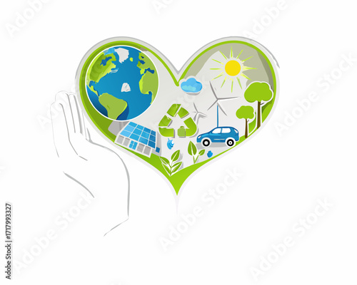 Hands holding a heart filled with symbols of environmental protection and sustainability