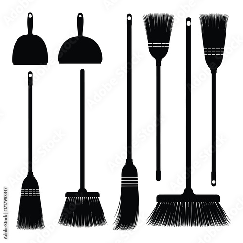 Collection of black silhouettes of various brooms and dustpans for cleaning tasks silhouette