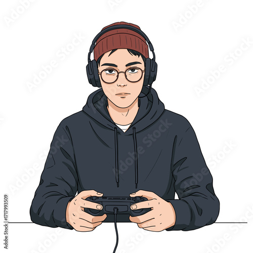 Young man playing video game with headphones and focused expression  