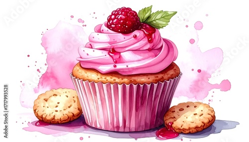Pink cupcake with raspberry and cookies. Watercolor style