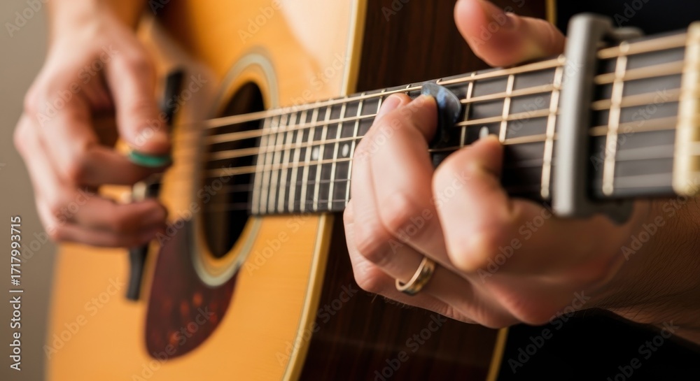 Obraz premium Captivating acoustic melody close-up captures strumming musical instrument