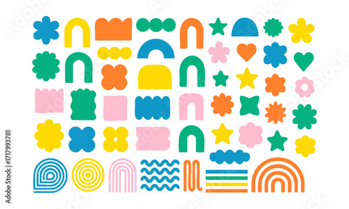 Colorful Geometric Abstract Shape Elements Grid, Flat Vector illustration Set on White,  Colorful groovy brutal figures. Modern Swiss design aesthetic, easily edibale and scalable.