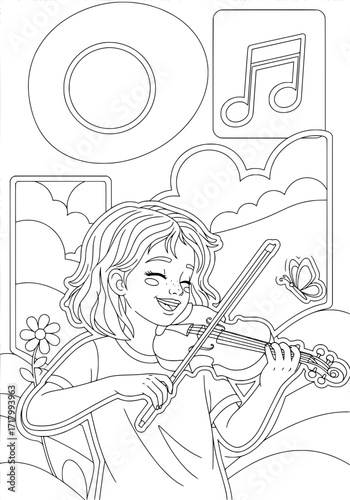 a girl plays the violin. coloring book