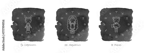Zodiac icons, astrology signs with characters of Capricorn, Aquarius and Pisces. Outline horoscope symbols on black hand painted watercolor background, set of vector illustrations
