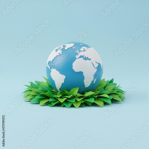 Stylized Blue and White Globe Surrounded by Green Leaves on Light Blue Background:
Visualizing Environmental Protection, Nature Sustainability, and Global Care in a Clean, Fresh Style