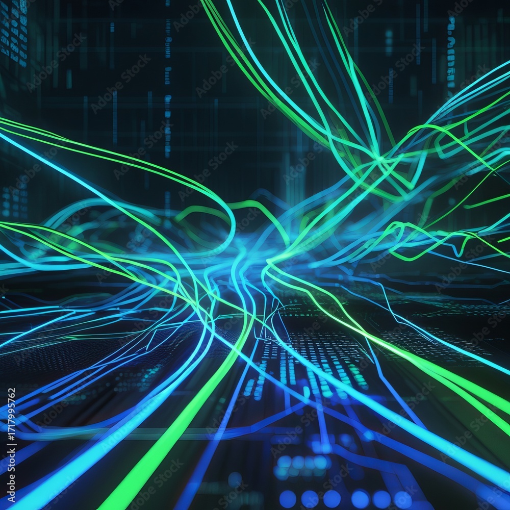 Fototapeta premium Realistic streams of encrypted data flowing through a futuristic network with glowing neon blue and green lines that pulse and swirl in complex patterns