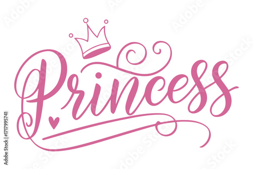 Princess Typography Design with Crown and Hearts, Cute Feminine Style