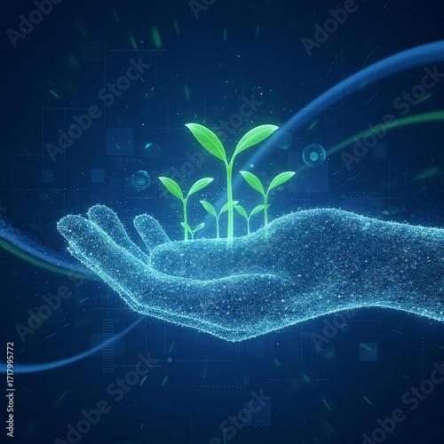 Translucent Digital Hand Holding Vibrant Green Sprouts:
Visualizing the Fusion of Advanced Technology and Nature, Symbolizing Growth and Innovation in a Futuristic Setting