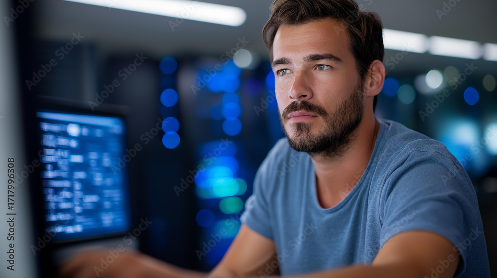 Fototapeta premium Big Data Specialist analyzing massive datasets in a high tech data center multiple screens displaying generic data processing clusters and real time data pipelines coding in gene