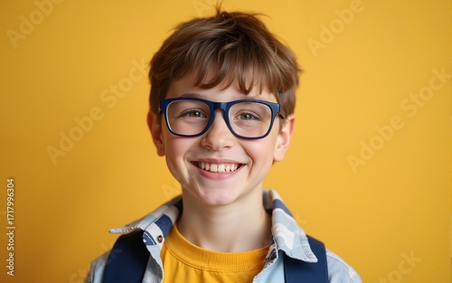 Portrait of happy school boy smiling while wearing eyeglasses. High quality