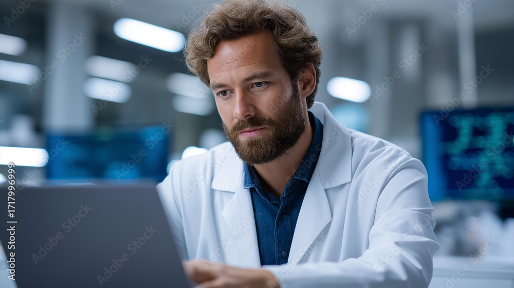 Fototapeta premium Quantum software engineer developing algorithms for quantum error correction in a high tech lab coding on a laptop with generic quantum framework open quantum circuit diagrams