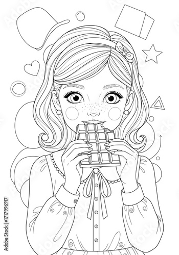 A girl eats chocolate. coloring book
