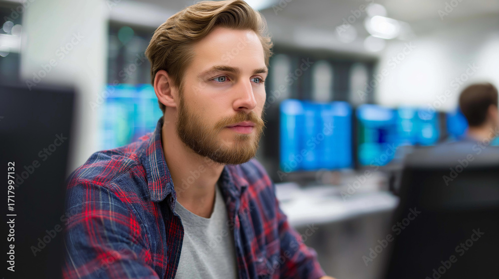 Obraz premium Big Data Specialist analyzing massive datasets in a high tech data center multiple screens displaying generic data processing clusters and real time data pipelines coding in gene