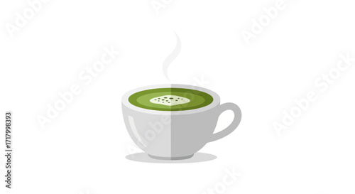 A white cup filled with hot green matcha tea, featuring a creamy top and a wisp of steam, presented as a flat design illustration on a white background.