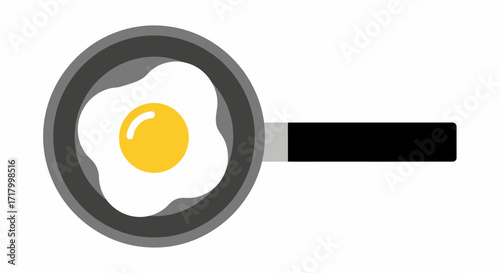 A simple illustration of a fried egg in a gray frying pan with a black handle.