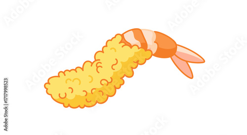 Illustration of a fried shrimp tempura with a crispy batter and tail.