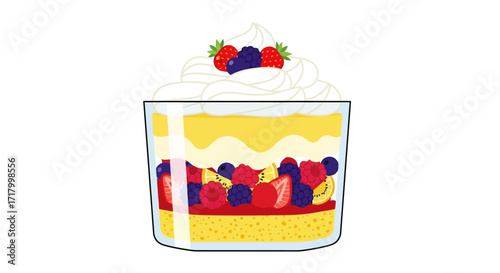 A layered dessert in a clear glass, featuring sponge cake, berries, and whipped cream.