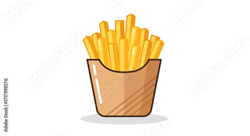 A simple cartoon illustration of golden yellow french fries served in a brown paper container, isolated on a clean white background.