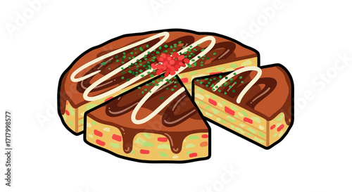 A delicious-looking illustration of a sliced okonomiyaki, a savory Japanese pancake, topped with sauce and garnishes.