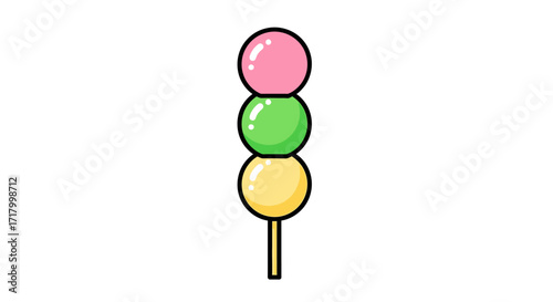 A simple cartoon illustration of three colorful dango mochi balls on a stick, featuring pink, green, and yellow spheres.