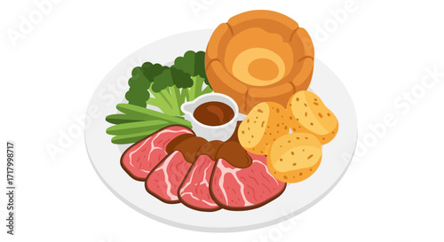 Illustration of a roast dinner with beef, potatoes, Yorkshire pudding, broccoli, and gravy on a white plate.
