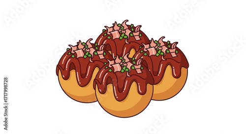A close-up illustration of a cluster of delicious takoyaki, a Japanese street food, drizzled with sauce and topped with green onions and bonito flakes.