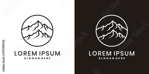 Minimalist mountain logo design with circular lines and peak illustration