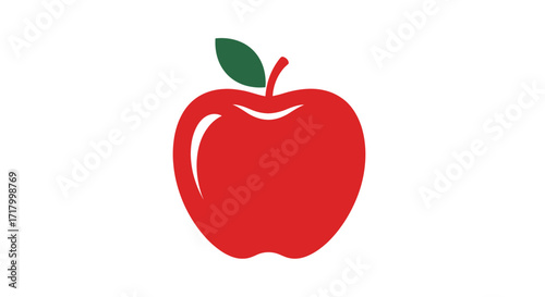 A simple, stylized illustration of a bright red apple with a green leaf and stem, set against a plain white background.