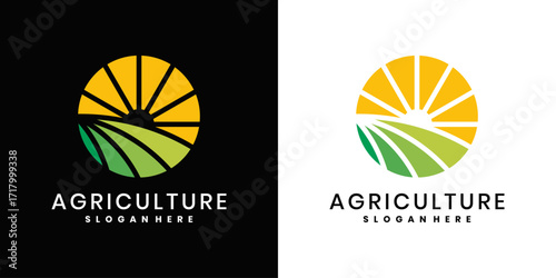 Farm logo design with green fields and yellow sun rays